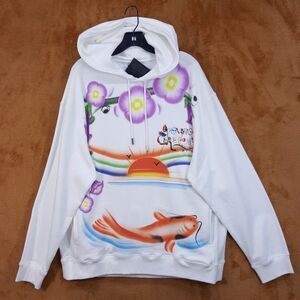 OPENING CEREMONY Big Hi Hoodie Large White Airbrush Koi Fish Floral Sunrise $520